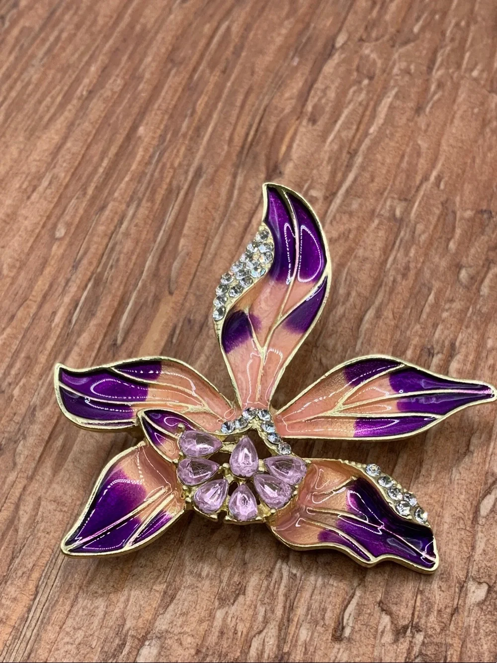Floral Iris or Orchid Enamel and Crystal Accents Purple and Peach Brooch